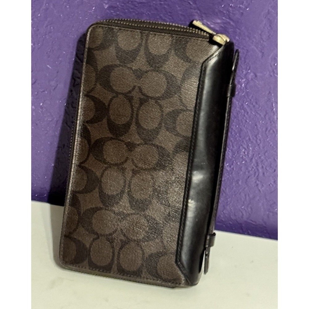 Coach Double Zip Travel Organizer Signature Canvas Brown Bag Case Clutch Rare